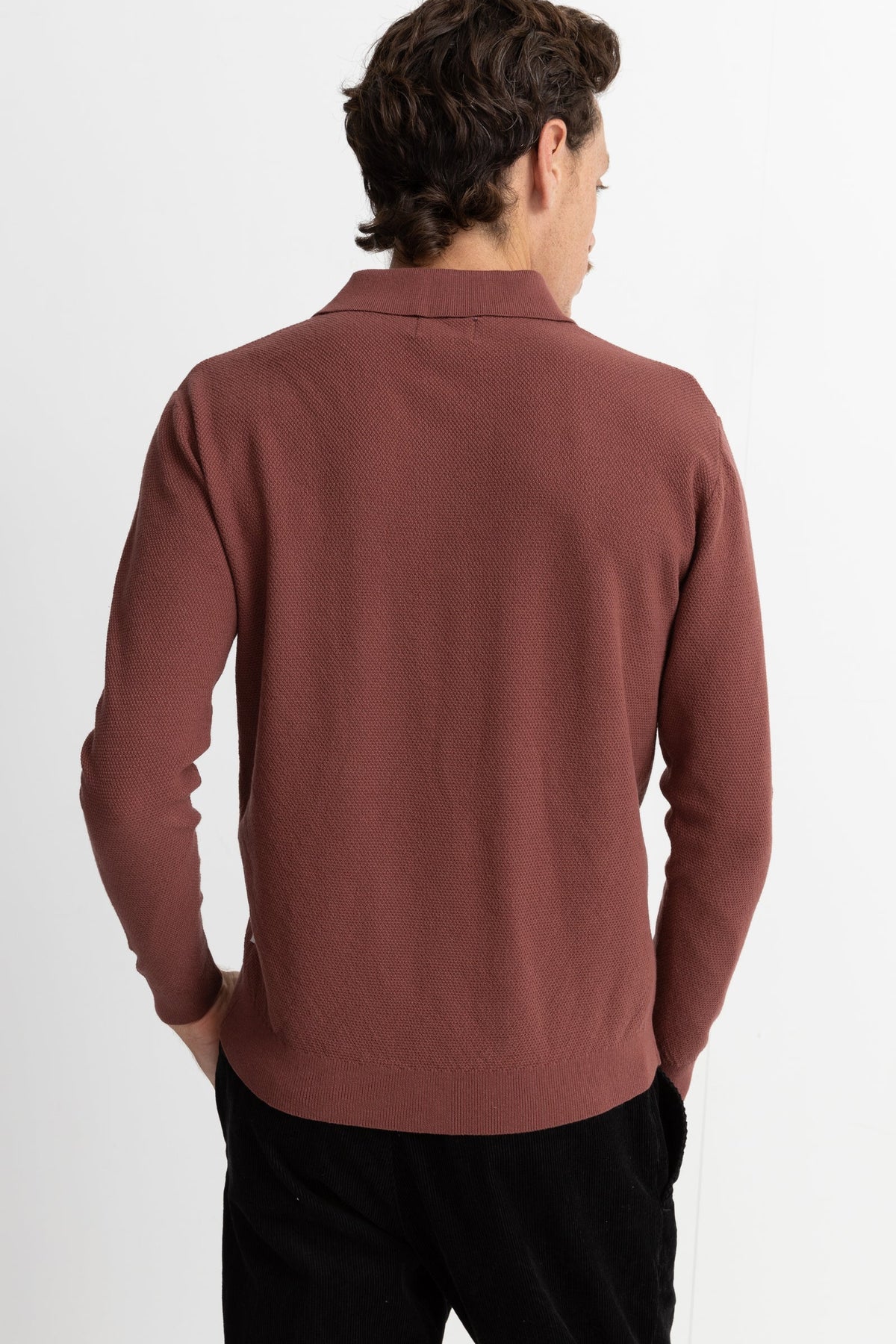 Textured Knit Long Sleeve Polo - BRICK