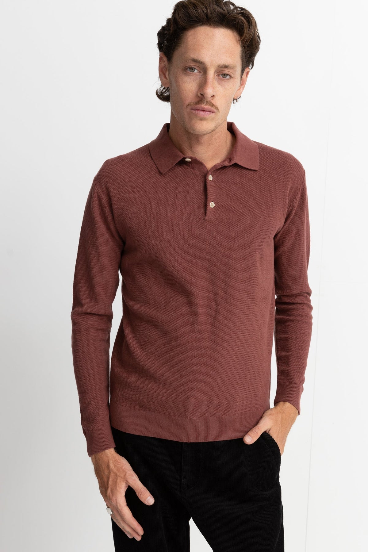 Textured Knit Long Sleeve Polo - BRICK