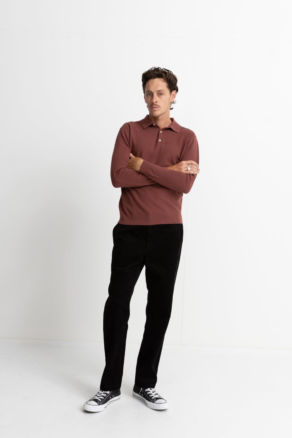 Textured Knit Long Sleeve Polo - BRICK