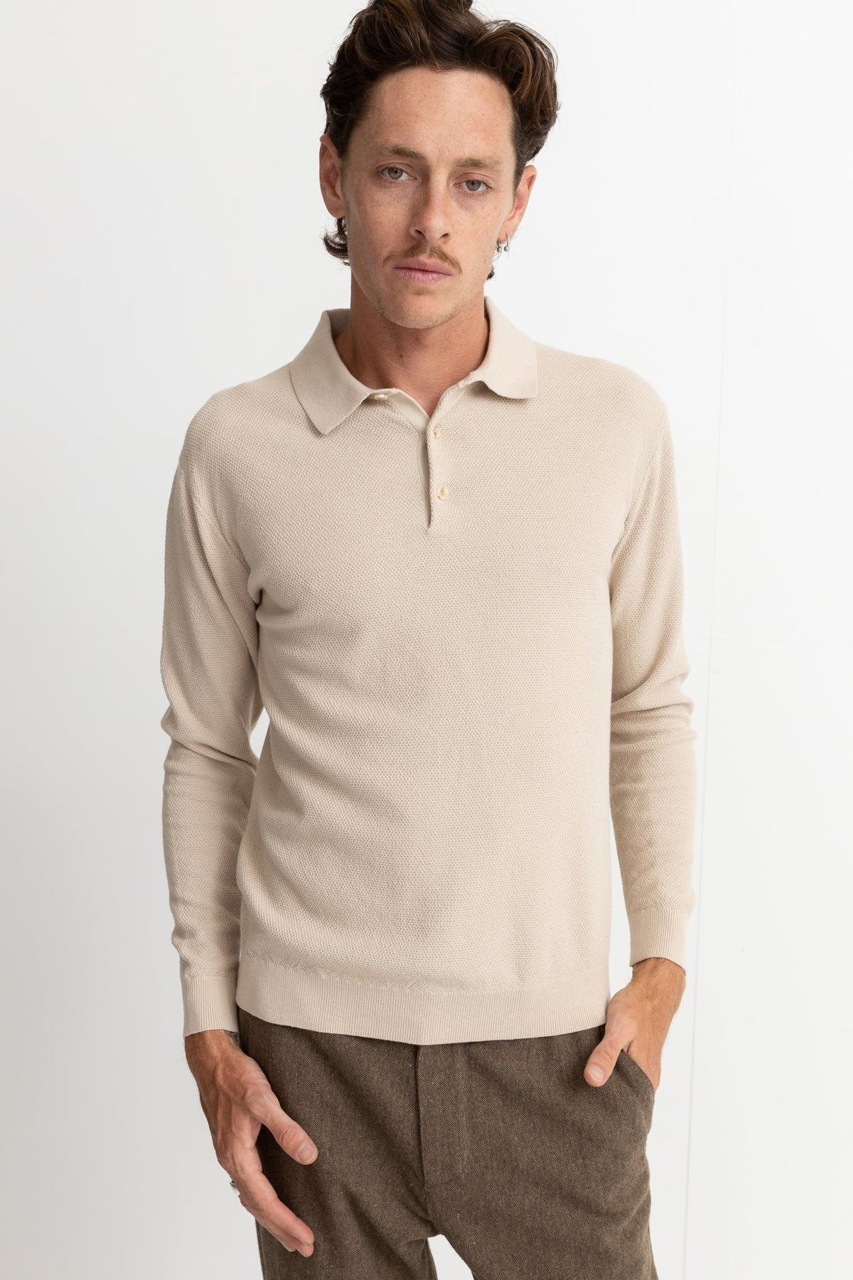 Textured Knit Long Sleeve Polo - VINTAGE WHITE