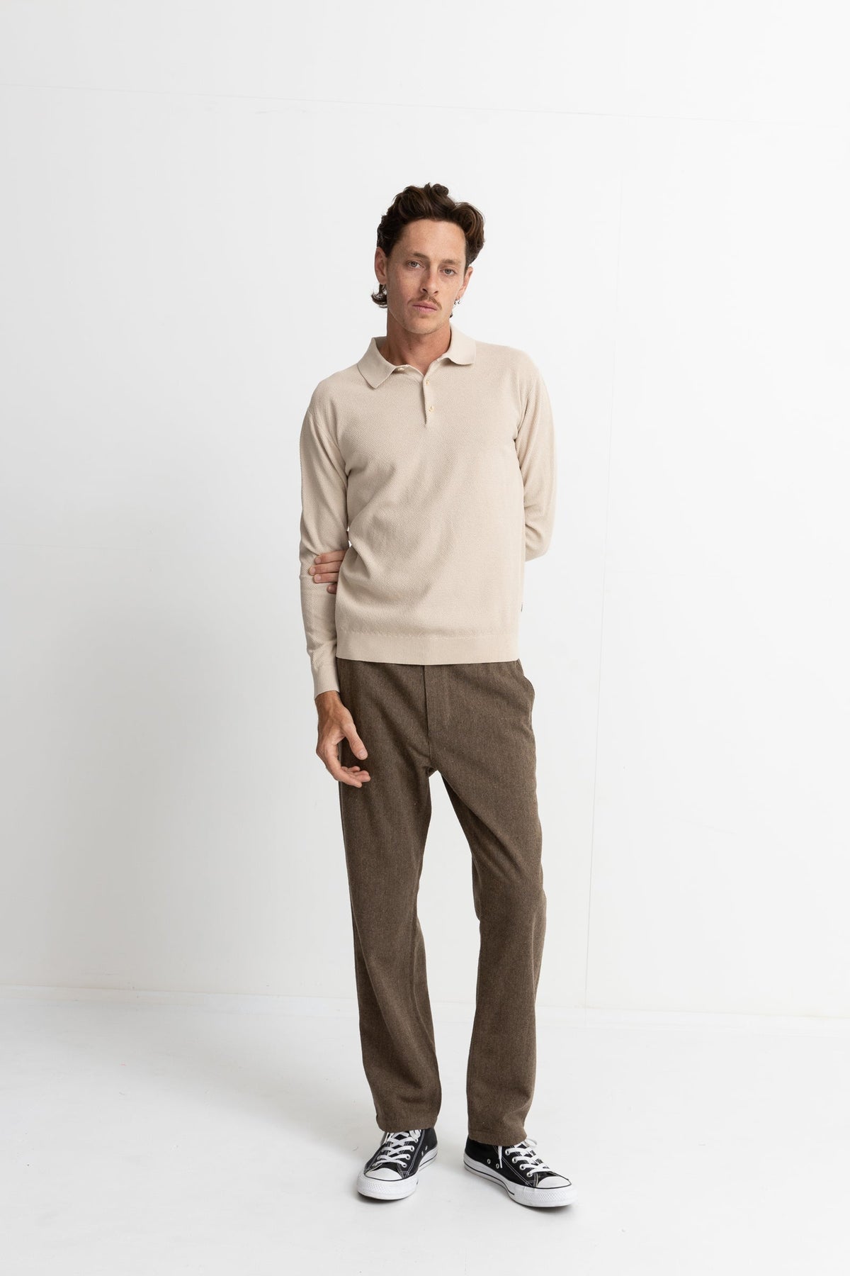 Textured Knit Long Sleeve Polo - VINTAGE WHITE