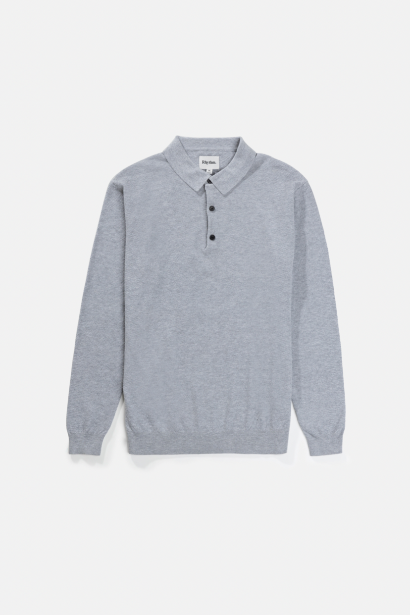 Textured Knit Long Sleeve Polo - HEATHER GREY