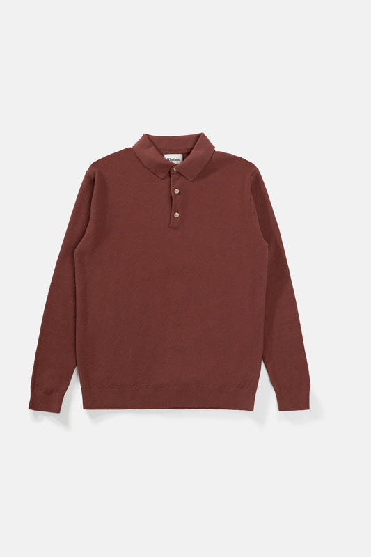 Textured Knit Long Sleeve Polo - BRICK