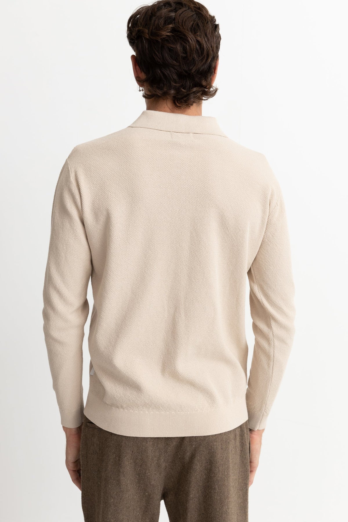 Textured Knit Long Sleeve Polo - VINTAGE WHITE