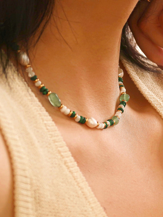 Handmade Boho Bead/Pearl Necklace - FAYE GREEN