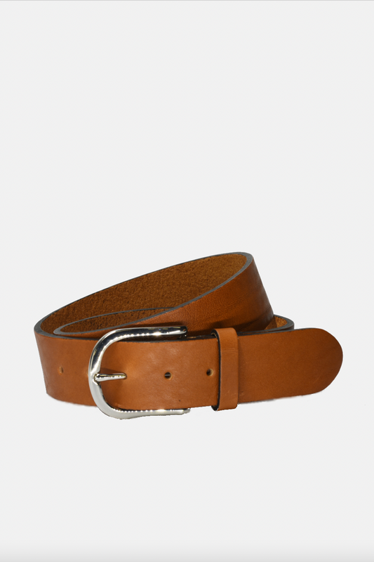 Wide Leather Silver Buckle Belt - TAN