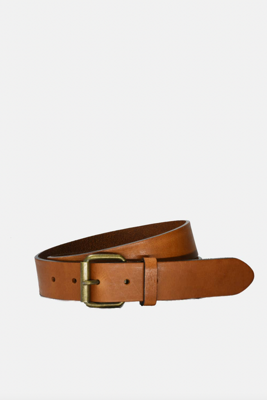Leather Brass Buckle Belt - TAN
